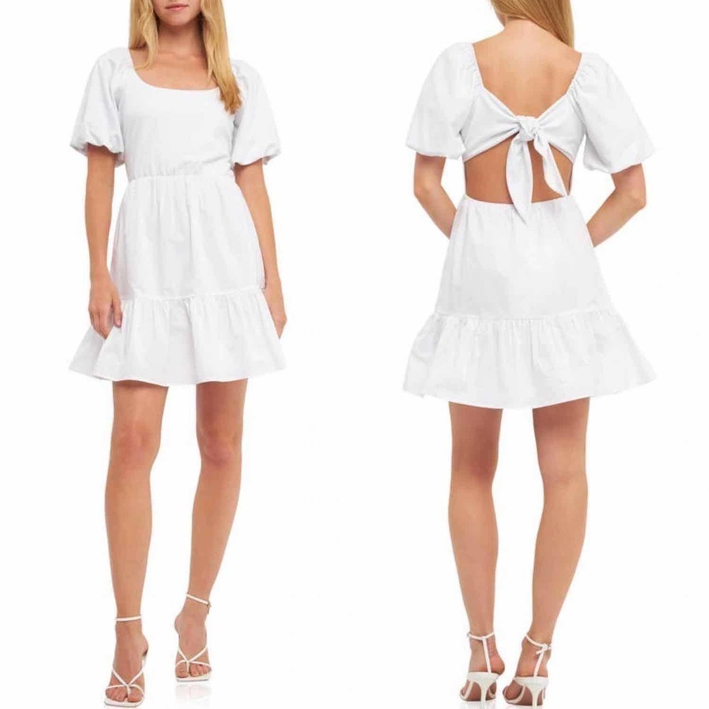English Factory Mixed Media Puff Sleeve Back Bow Dress Size Large White
